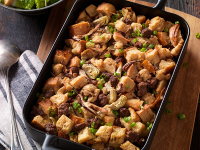 Beef Sausage, Wild Mushroom, and Artichoke Bread Pudding